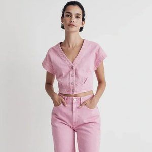 NWT - Madewell Garment Dyed Denim Cap-Sleeve Crop Top in Retro Pink, Size 2